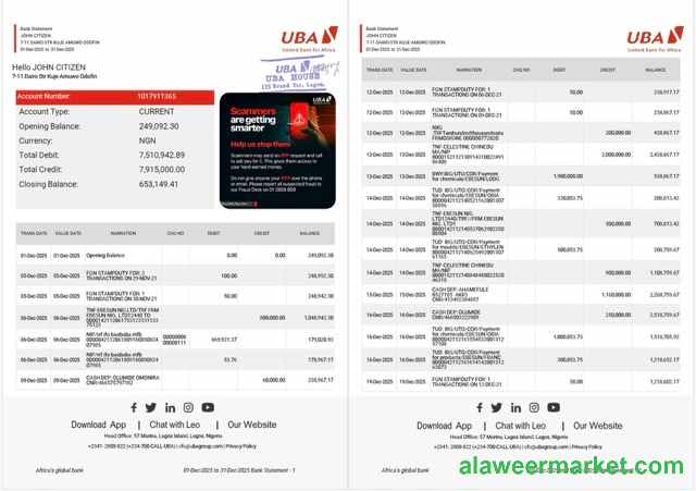 Nigeria United Bank for Africa bank statement Word and PDF template, 2 pages